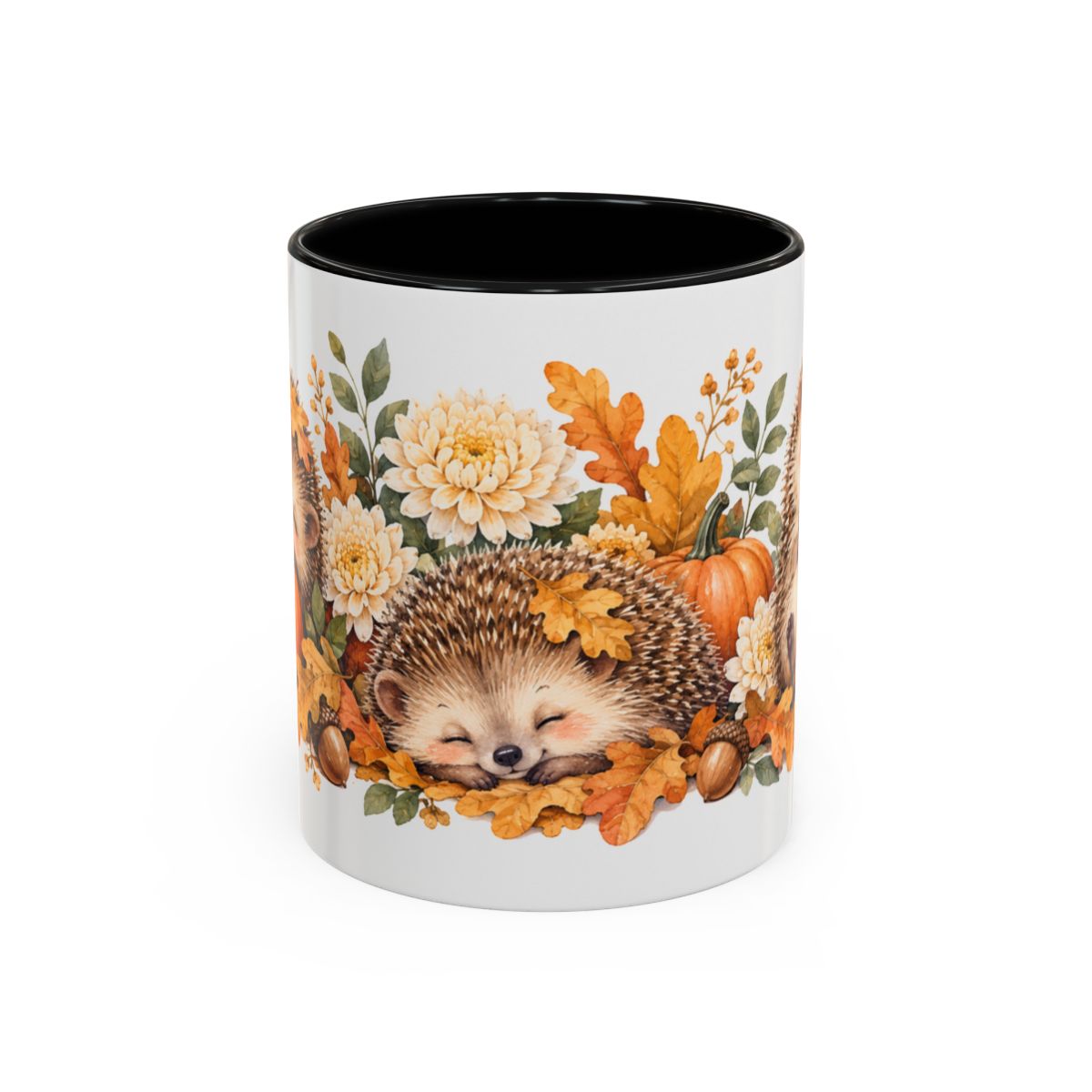 Hedgehog Mug, Autumn Acorns, Cute Watercolor Animal Coffee Cup, Hedgehog Lover Gift, 11oz 15oz Ceramic Accent Mug — 11oz / Black — front