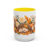 Hedgehog Mug, Autumn Acorns, Cute Watercolor Animal Coffee Cup, Hedgehog Lover Gift, 11oz 15oz Ceramic Accent Mug — 15oz / Yellow — front