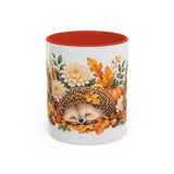 Hedgehog Mug, Autumn Acorns, Cute Watercolor Animal Coffee Cup, Hedgehog Lover Gift, 11oz 15oz Ceramic Accent Mug — 11oz / Red — front