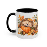 Hedgehog Mug, Autumn Acorns, Cute Watercolor Animal Coffee Cup, Hedgehog Lover Gift, 11oz 15oz Ceramic Accent Mug — 11oz / Black — left