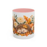 Hedgehog Mug, Autumn Acorns, Cute Watercolor Animal Coffee Cup, Hedgehog Lover Gift, 11oz 15oz Ceramic Accent Mug — 11oz / Pink — front