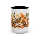 Hedgehog Mug, Autumn Acorns, Cute Watercolor Animal Coffee Cup, Hedgehog Lover Gift, 11oz 15oz Ceramic Accent Mug — 15oz / Black — front
