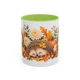 Hedgehog Mug, Autumn Acorns, Cute Watercolor Animal Coffee Cup, Hedgehog Lover Gift, 11oz 15oz Ceramic Accent Mug — 11oz / Light Green — front