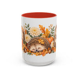 Hedgehog Mug, Autumn Acorns, Cute Watercolor Animal Coffee Cup, Hedgehog Lover Gift, 11oz 15oz Ceramic Accent Mug — 15oz / Red — front