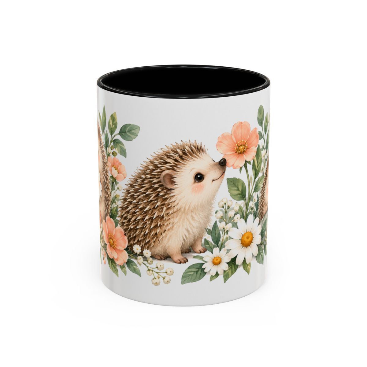 Hedgehog Mug, Daisy Meadow, Cute Watercolor Animal Coffee Cup, Hedgehog Lover Gift, 11oz 15oz Ceramic Accent Mug — 11oz / Black — front
