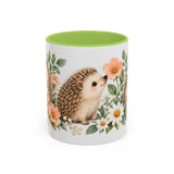 Hedgehog Mug, Daisy Meadow, Cute Watercolor Animal Coffee Cup, Hedgehog Lover Gift, 11oz 15oz Ceramic Accent Mug — 11oz / Light Green — front