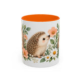 Hedgehog Mug, Daisy Meadow, Cute Watercolor Animal Coffee Cup, Hedgehog Lover Gift, 11oz 15oz Ceramic Accent Mug — 11oz / Orange — front