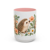 Hedgehog Mug, Daisy Meadow, Cute Watercolor Animal Coffee Cup, Hedgehog Lover Gift, 11oz 15oz Ceramic Accent Mug — 15oz / Pink — front