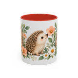 Hedgehog Mug, Daisy Meadow, Cute Watercolor Animal Coffee Cup, Hedgehog Lover Gift, 11oz 15oz Ceramic Accent Mug — 11oz / Red — front
