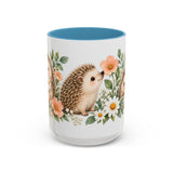 Hedgehog Mug, Daisy Meadow, Cute Watercolor Animal Coffee Cup, Hedgehog Lover Gift, 11oz 15oz Ceramic Accent Mug — 15oz / Light Blue — front