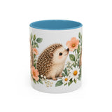 Hedgehog Mug, Daisy Meadow, Cute Watercolor Animal Coffee Cup, Hedgehog Lover Gift, 11oz 15oz Ceramic Accent Mug — 11oz / Light Blue — front