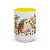 Hedgehog Mug, Daisy Meadow, Cute Watercolor Animal Coffee Cup, Hedgehog Lover Gift, 11oz 15oz Ceramic Accent Mug — 15oz / Yellow — front