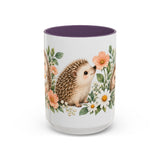 Hedgehog Mug, Daisy Meadow, Cute Watercolor Animal Coffee Cup, Hedgehog Lover Gift, 11oz 15oz Ceramic Accent Mug — 15oz / Purple — front