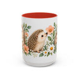 Hedgehog Mug, Daisy Meadow, Cute Watercolor Animal Coffee Cup, Hedgehog Lover Gift, 11oz 15oz Ceramic Accent Mug — 15oz / Red — front