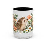 Hedgehog Mug, Daisy Meadow, Cute Watercolor Animal Coffee Cup, Hedgehog Lover Gift, 11oz 15oz Ceramic Accent Mug — 15oz / Black — front