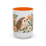 Hedgehog Mug, Daisy Meadow, Cute Watercolor Animal Coffee Cup, Hedgehog Lover Gift, 11oz 15oz Ceramic Accent Mug — 15oz / Orange — front