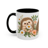 Hedgehog Mug, Daisy Meadow, Cute Watercolor Animal Coffee Cup, Hedgehog Lover Gift, 11oz 15oz Ceramic Accent Mug — 11oz / Black — left