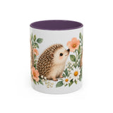 Hedgehog Mug, Daisy Meadow, Cute Watercolor Animal Coffee Cup, Hedgehog Lover Gift, 11oz 15oz Ceramic Accent Mug — 11oz / Purple — front