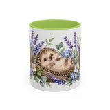 Hedgehog Mug, Lavender Nap, Cute Watercolor Animal Coffee Cup, Hedgehog Lover Gift, 11oz 15oz Ceramic Accent Mug — 11oz / Light Green — front