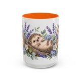 Hedgehog Mug, Lavender Nap, Cute Watercolor Animal Coffee Cup, Hedgehog Lover Gift, 11oz 15oz Ceramic Accent Mug — 15oz / Orange — front