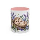 Hedgehog Mug, Lavender Nap, Cute Watercolor Animal Coffee Cup, Hedgehog Lover Gift, 11oz 15oz Ceramic Accent Mug — 11oz / Pink — front