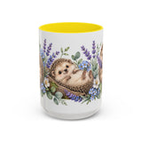 Hedgehog Mug, Lavender Nap, Cute Watercolor Animal Coffee Cup, Hedgehog Lover Gift, 11oz 15oz Ceramic Accent Mug — 15oz / Yellow — front