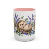 Hedgehog Mug, Lavender Nap, Cute Watercolor Animal Coffee Cup, Hedgehog Lover Gift, 11oz 15oz Ceramic Accent Mug — 15oz / Pink — front