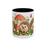 Hedgehog Mug, Mushroom Garden, Cute Watercolor Animal Coffee Cup, Hedgehog Lover Gift, 11oz 15oz Ceramic Accent Mug — 11oz / Black — front