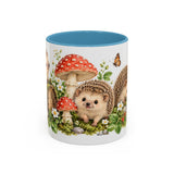 Hedgehog Mug, Mushroom Garden, Cute Watercolor Animal Coffee Cup, Hedgehog Lover Gift, 11oz 15oz Ceramic Accent Mug — 11oz / Light Blue — front