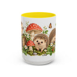 Hedgehog Mug, Mushroom Garden, Cute Watercolor Animal Coffee Cup, Hedgehog Lover Gift, 11oz 15oz Ceramic Accent Mug — 15oz / Yellow — front
