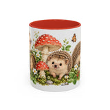 Hedgehog Mug, Mushroom Garden, Cute Watercolor Animal Coffee Cup, Hedgehog Lover Gift, 11oz 15oz Ceramic Accent Mug — 11oz / Red — front