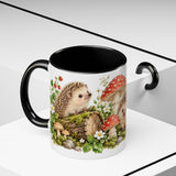 Hedgehog Mug, Mushroom Garden, Cute Watercolor Animal Coffee Cup, Hedgehog Lover Gift, 11oz 15oz Ceramic Accent Mug — 11oz / Black — context-2