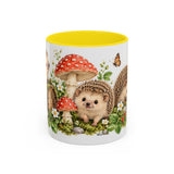 Hedgehog Mug, Mushroom Garden, Cute Watercolor Animal Coffee Cup, Hedgehog Lover Gift, 11oz 15oz Ceramic Accent Mug — 11oz / Yellow — front