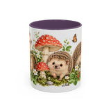 Hedgehog Mug, Mushroom Garden, Cute Watercolor Animal Coffee Cup, Hedgehog Lover Gift, 11oz 15oz Ceramic Accent Mug — 11oz / Purple — front