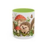 Hedgehog Mug, Mushroom Garden, Cute Watercolor Animal Coffee Cup, Hedgehog Lover Gift, 11oz 15oz Ceramic Accent Mug — 11oz / Light Green — front