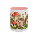 Hedgehog Mug, Mushroom Garden, Cute Watercolor Animal Coffee Cup, Hedgehog Lover Gift, 11oz 15oz Ceramic Accent Mug — 11oz / Pink — front