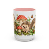 Hedgehog Mug, Mushroom Garden, Cute Watercolor Animal Coffee Cup, Hedgehog Lover Gift, 11oz 15oz Ceramic Accent Mug — 15oz / Pink — front