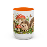 Hedgehog Mug, Mushroom Garden, Cute Watercolor Animal Coffee Cup, Hedgehog Lover Gift, 11oz 15oz Ceramic Accent Mug — 15oz / Orange — front