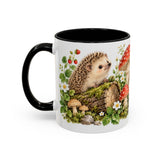 Hedgehog Mug, Mushroom Garden, Cute Watercolor Animal Coffee Cup, Hedgehog Lover Gift, 11oz 15oz Ceramic Accent Mug — 11oz / Black — left