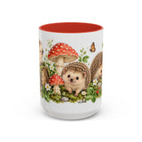 Hedgehog Mug, Mushroom Garden, Cute Watercolor Animal Coffee Cup, Hedgehog Lover Gift, 11oz 15oz Ceramic Accent Mug — 15oz / Red — front