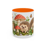 Hedgehog Mug, Mushroom Garden, Cute Watercolor Animal Coffee Cup, Hedgehog Lover Gift, 11oz 15oz Ceramic Accent Mug — 11oz / Orange — front