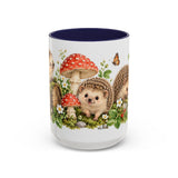 Hedgehog Mug, Mushroom Garden, Cute Watercolor Animal Coffee Cup, Hedgehog Lover Gift, 11oz 15oz Ceramic Accent Mug — 15oz / Navy — front