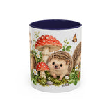 Hedgehog Mug, Mushroom Garden, Cute Watercolor Animal Coffee Cup, Hedgehog Lover Gift, 11oz 15oz Ceramic Accent Mug — 11oz / Navy — front