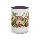 Hedgehog Mug, Strawberry Day, Cute Watercolor Animal Coffee Cup, Hedgehog Lover Gift, 11oz 15oz Ceramic Accent Mug — 15oz / Purple — front