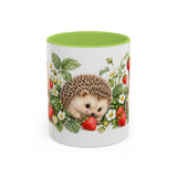 Hedgehog Mug, Strawberry Day, Cute Watercolor Animal Coffee Cup, Hedgehog Lover Gift, 11oz 15oz Ceramic Accent Mug — 11oz / Light Green — front