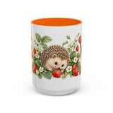 Hedgehog Mug, Strawberry Day, Cute Watercolor Animal Coffee Cup, Hedgehog Lover Gift, 11oz 15oz Ceramic Accent Mug — 15oz / Orange — front