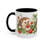 Hedgehog Mug, Strawberry Day, Cute Watercolor Animal Coffee Cup, Hedgehog Lover Gift, 11oz 15oz Ceramic Accent Mug — 11oz / Black — left