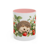 Hedgehog Mug, Strawberry Day, Cute Watercolor Animal Coffee Cup, Hedgehog Lover Gift, 11oz 15oz Ceramic Accent Mug — 11oz / Pink — front
