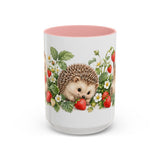 Hedgehog Mug, Strawberry Day, Cute Watercolor Animal Coffee Cup, Hedgehog Lover Gift, 11oz 15oz Ceramic Accent Mug — 15oz / Pink — front