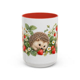 Hedgehog Mug, Strawberry Day, Cute Watercolor Animal Coffee Cup, Hedgehog Lover Gift, 11oz 15oz Ceramic Accent Mug — 15oz / Red — front